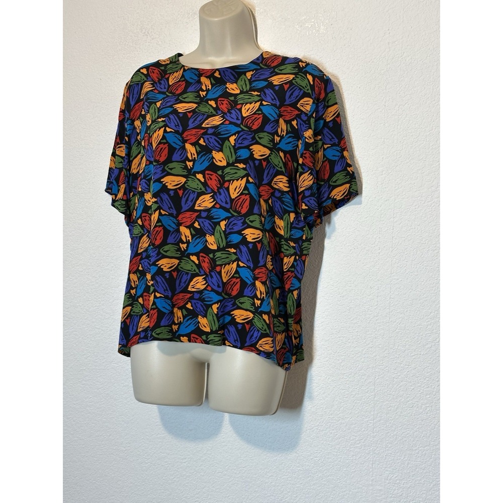 Vintage Anna and Frank 100% Silk Colorful Blouse Short Sleeve Top Large Boxy - Picture 2 of 6